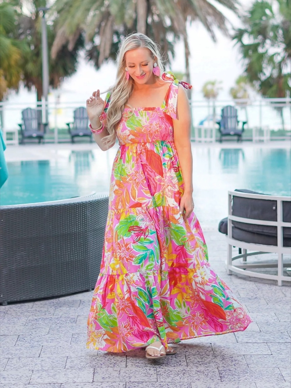 Flying Tomato Tropical Floral Smocked Tie Strap Maxi Dress Large
